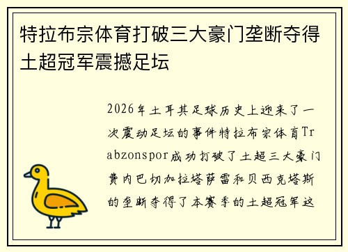 特拉布宗体育打破三大豪门垄断夺得土超冠军震撼足坛